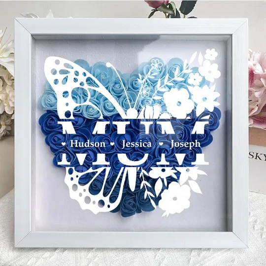 Personalisierte Schmetterlingsversion Blumenschattenbox - Geschenk Für Mama Benutzerdefinierte Kindernamen - DePhotoBoxer