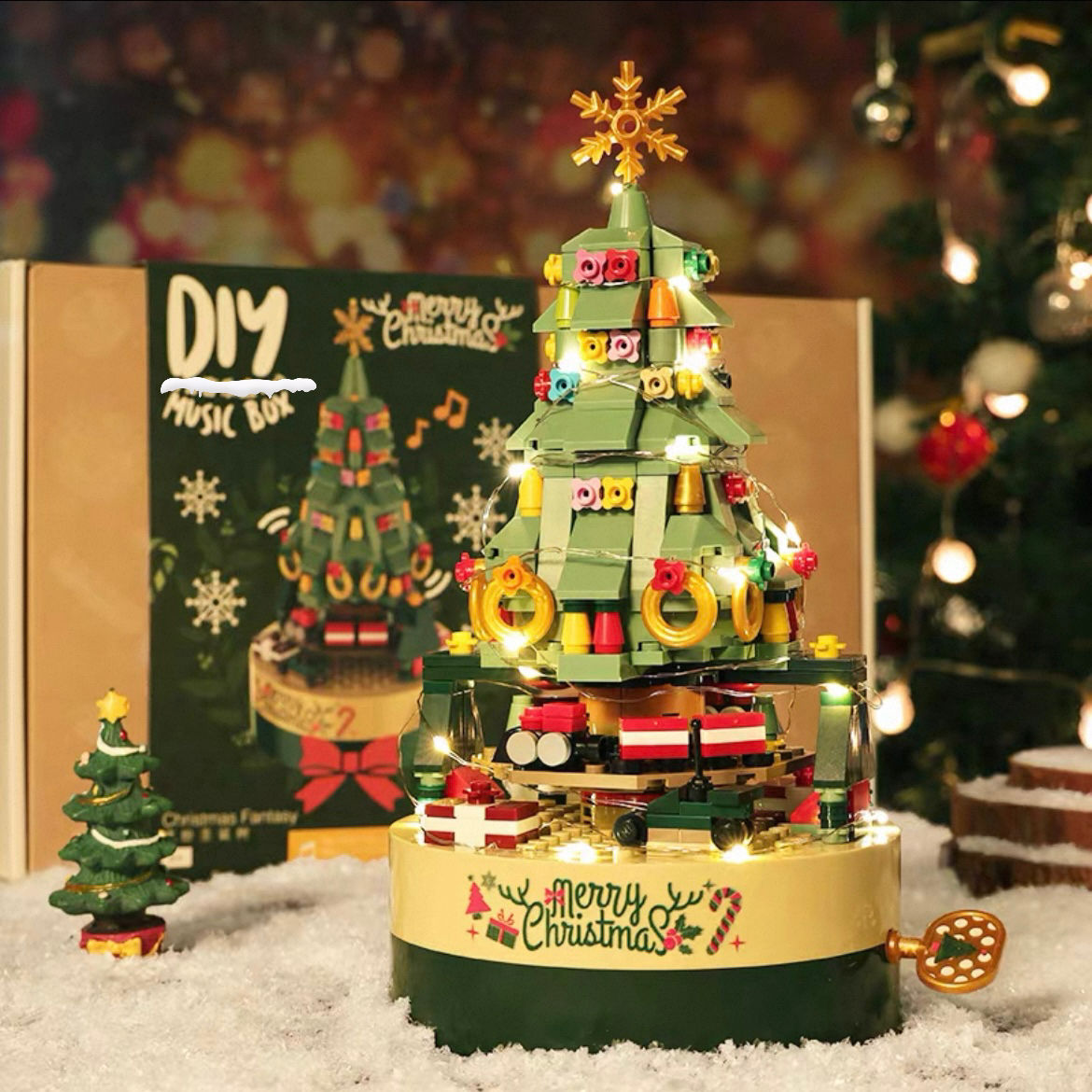 Diy-weihnachtsbaum Aus Bausteinen Mit Drehbarer Spieluhr | Leuchtendes Baustein-design | Festliches Weihnachtsgeschenk Für Kinder, Familie Und Paare