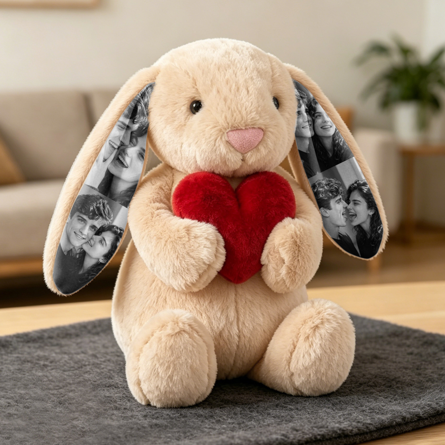 Individuelles Foto, Rote Rose, Hase, Plüsch, Personalisierbar, Bild Mit Verstecktem Ohr, Hasen-Geschenk Für Paare, Jahrestagsgeschenke - DePhotoBoxer