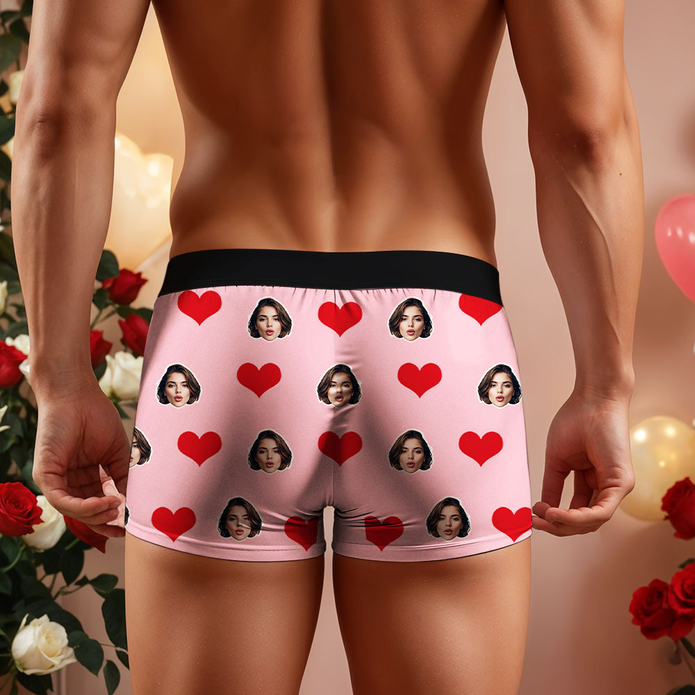 Benutzerdefinierte Herren-boxershorts Mit Rotem Herz, Boxershorts Mit Gesicht, Personalisierte Boxershorts Mit Weißem Gesicht, Valentinstag-unterwäsche-geschenk - DePhotoBoxer