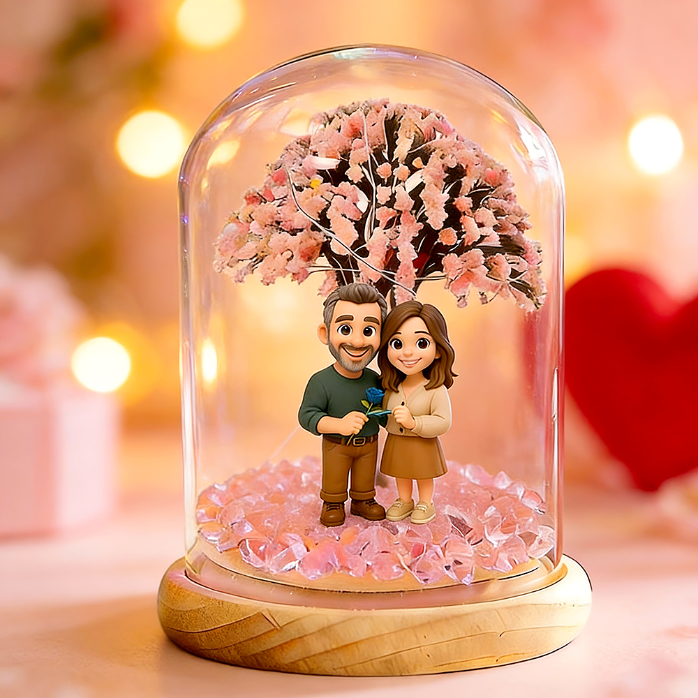 Personalisierte 3d-pärchenfigur In Kirschblüten-lichterflasche, Romantisches Erinnerungsgeschenk Nach Maß, Perfektes Valentinstagsgeschenk Für Paare - DePhotoBoxer