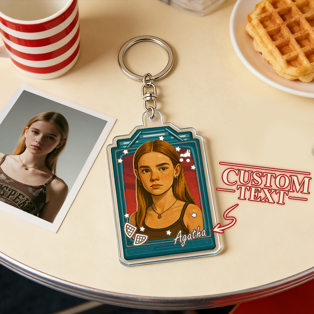 Individuell Gestalteter Schlüsselanhänger Im 80er-jahre-retro-mystery-stil | Neon-synth-porträt | Personalisiertes Namensgeschenk