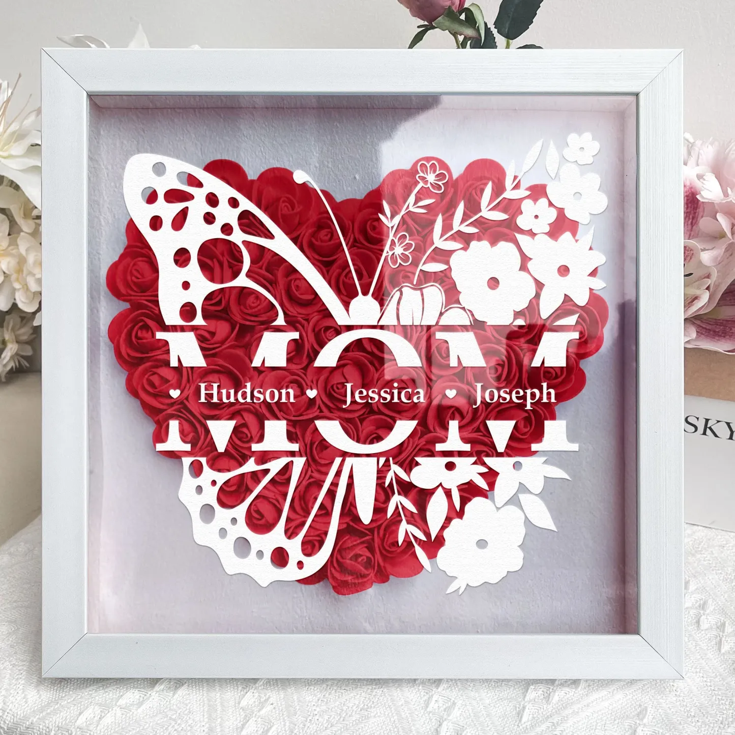 Personalisierte Schmetterlingsversion Blumenschattenbox - Geschenk Für Mama Benutzerdefinierte Kindernamen - DePhotoBoxer