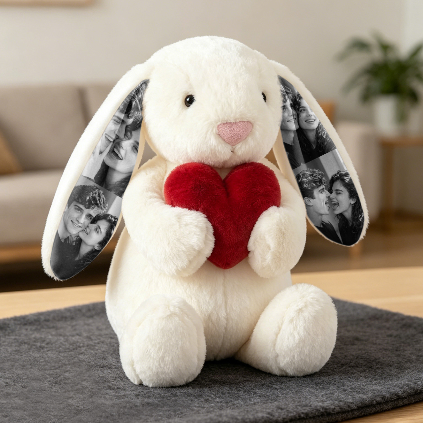 Individuelles Foto, Rote Rose, Hase, Plüsch, Personalisierbar, Bild Mit Verstecktem Ohr, Hasen-Geschenk Für Paare, Jahrestagsgeschenke - DePhotoBoxer