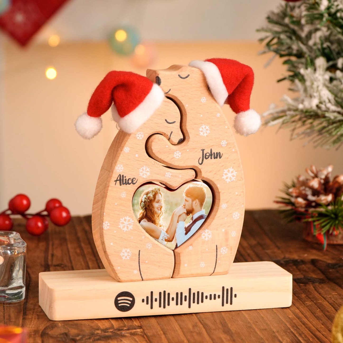 Weihnachten Individuelle Name Foto Spotify Holz Paar Bär Bausteine ​​puzzle Home Dekoration Weihnachtsgeschenk - DePhotoBoxer