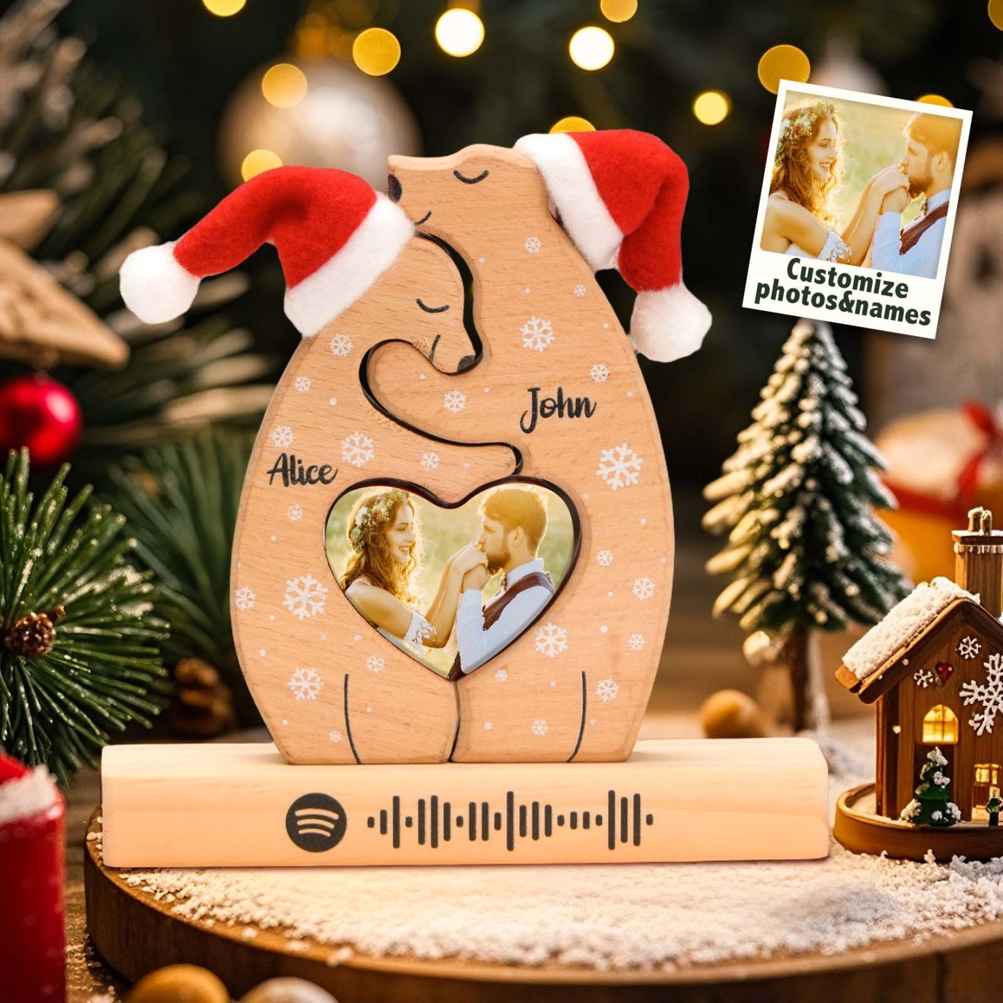 Weihnachten Individuelle Name Foto Spotify Holz Paar Bär Bausteine ​​puzzle Home Dekoration Weihnachtsgeschenk - DePhotoBoxer
