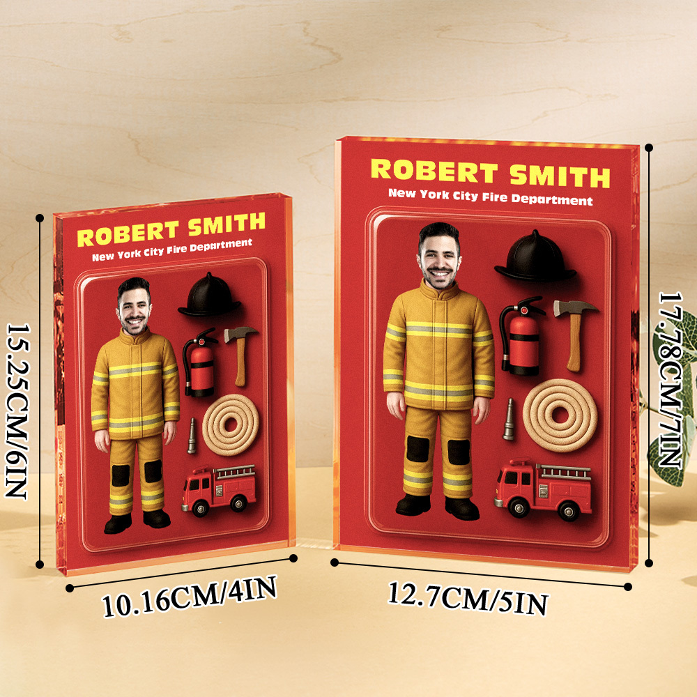 Personalisierte Feuerwehrmann-actionfigur Mit 3d-effekt, Anpassbare Kopfverpackung, Individuelle Acrylblock-plakette, Geschenk Für Feuerwehrleute - DePhotoBoxer