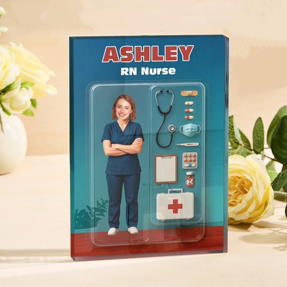 Personalisierte 2D Krankenschwester-actionfigur Mit 3D effekt, Anpassbare Kopfverpackung, Individuelle Acrylblock-plakette, Geschenk Für Krankenschwester
