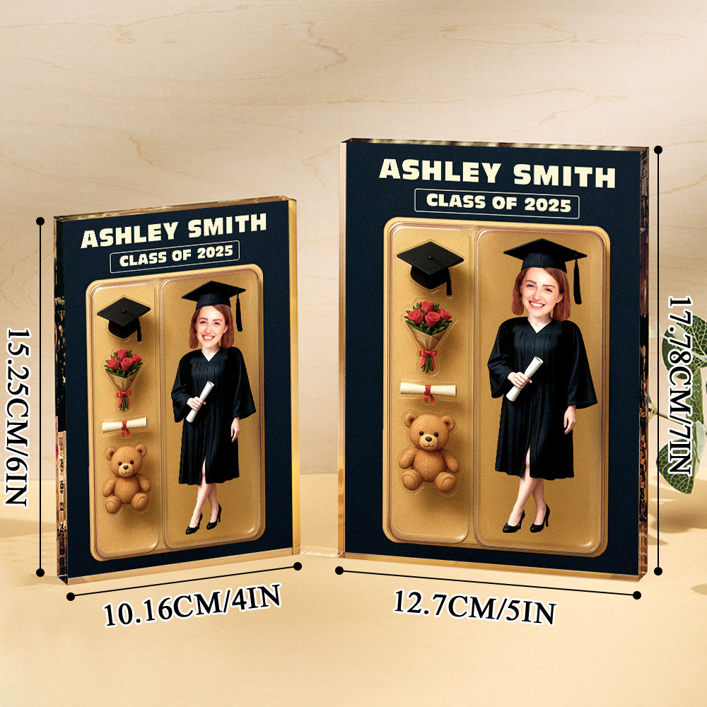 Personalisierte 3d-effekt-abitur-actionfigur, Anpassbare Kopfverpackung, Individuelle Acrylblock-plakette, Geschenk Zum Abschluss - DePhotoBoxer