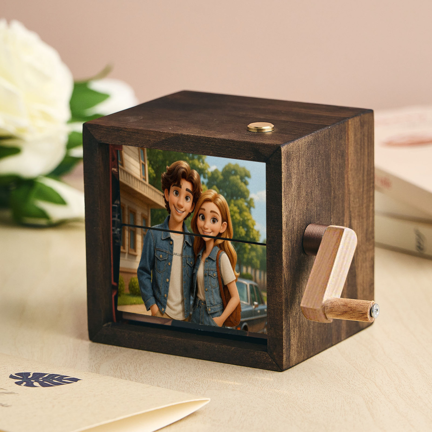 Cartoon Custom Foto Flipbook Rahmen Animation Maschine Mechanische Handkurbel Flipbook Box Fotoalbum Mit Licht Schwarz Walnuss Jubiläumsgeschenke - DePhotoBoxer