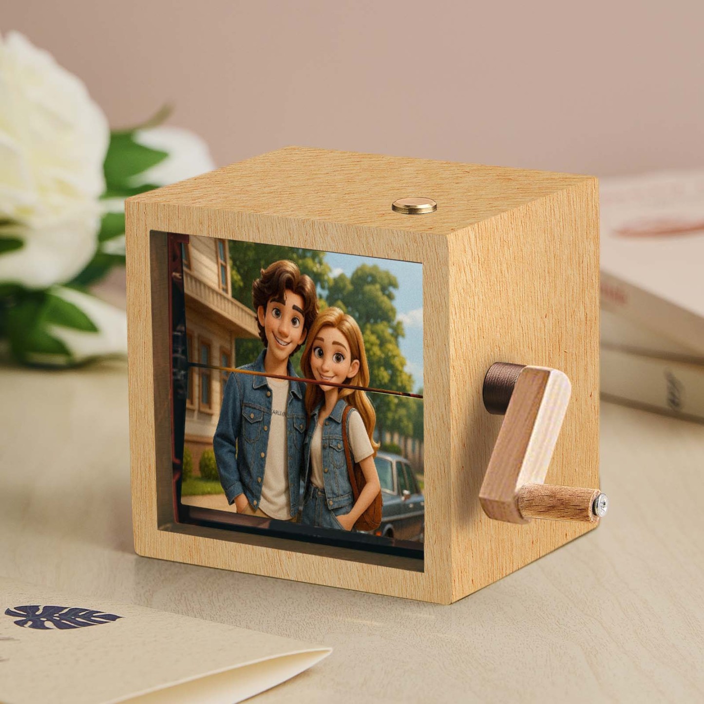 Cartoon Custom Foto Flipbook Rahmen Animation Maschine Mechanische Handkurbel Flipbook Box Fotoalbum Mit Licht Schwarz Walnuss Jubiläumsgeschenke - DePhotoBoxer
