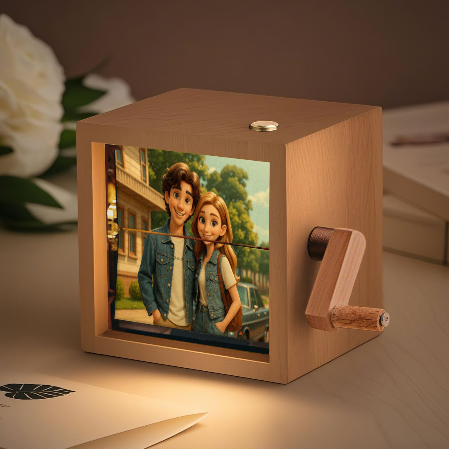 Cartoon Custom Foto Flipbook Rahmen Animation Maschine Mechanische Handkurbel Flipbook Box Fotoalbum Mit Licht Schwarz Walnuss Jubiläumsgeschenke - DePhotoBoxer