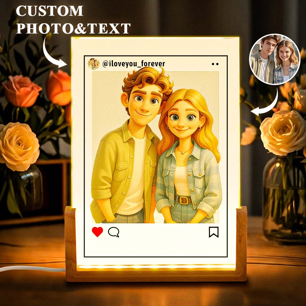 Benutzerdefiniertes Cartoon-portrait-nachtlicht, Personalisierter Fotorahmen, Led-lampe Für Einzigartige Heimdekoration, Personalisiertes Cartoon-foto-nachtlicht Im Instagram-stil, Das Beste Geschenk Zum Hochzeitstag, Geburtstag - DePhotoBoxer