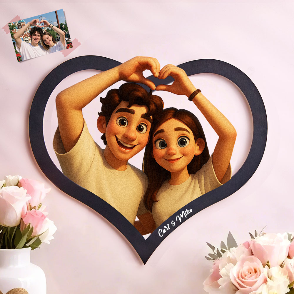 Personalisierter Herzförmiger Cartoon-bilderrahmen Für Paare: Ihr Foto Wird In Eine Individuelle Illustration Verwandelt. Fügen Sie Namen Und Besondere Daten Hinzu. Romantisches Geschenk Für Paare. - DePhotoBoxer