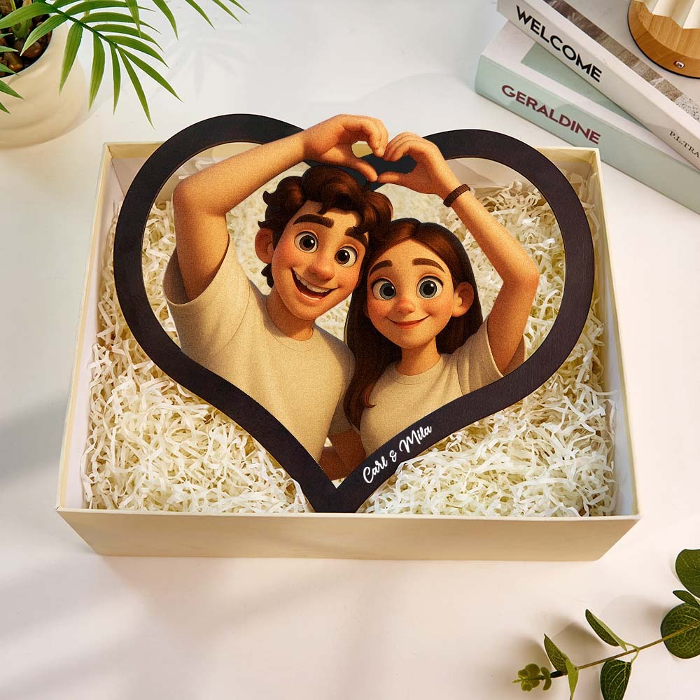 Personalisierter Herzförmiger Cartoon-bilderrahmen Für Paare: Ihr Foto Wird In Eine Individuelle Illustration Verwandelt. Fügen Sie Namen Und Besondere Daten Hinzu. Romantisches Geschenk Für Paare. - DePhotoBoxer