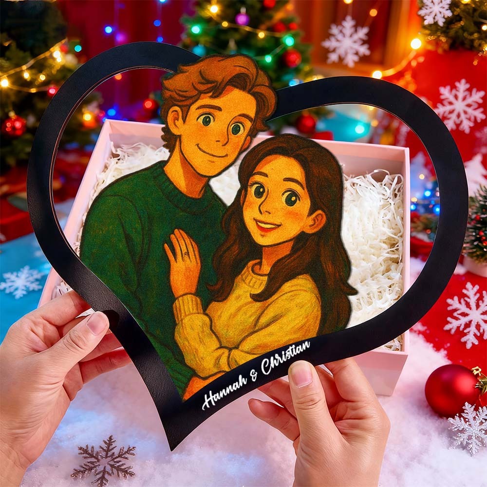 Personalisierter Herzförmiger Cartoon-bilderrahmen Für Paare: Ihr Foto Wird In Eine Individuelle Illustration Verwandelt. Fügen Sie Namen Und Besondere Daten Hinzu. Romantisches Geschenk Für Paare. - DePhotoBoxer