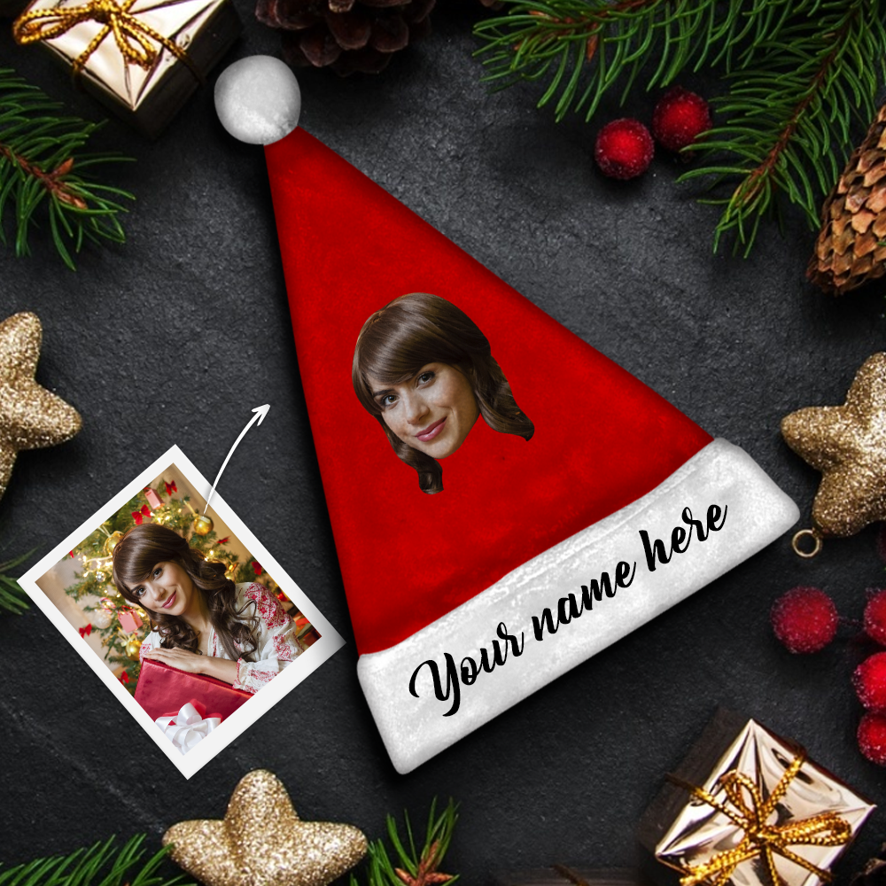 Plush Velvet My Face & Name Personalized Santa Hat - For Man, Woman, Kid