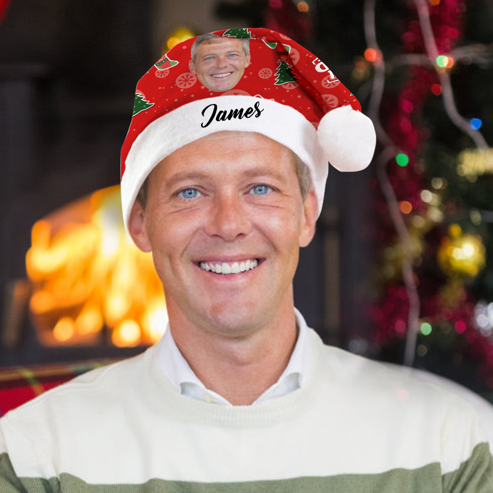 Plush Velvet My Face & Name Personalized Best Dad Santa Hat - For Man, Woman, Kid