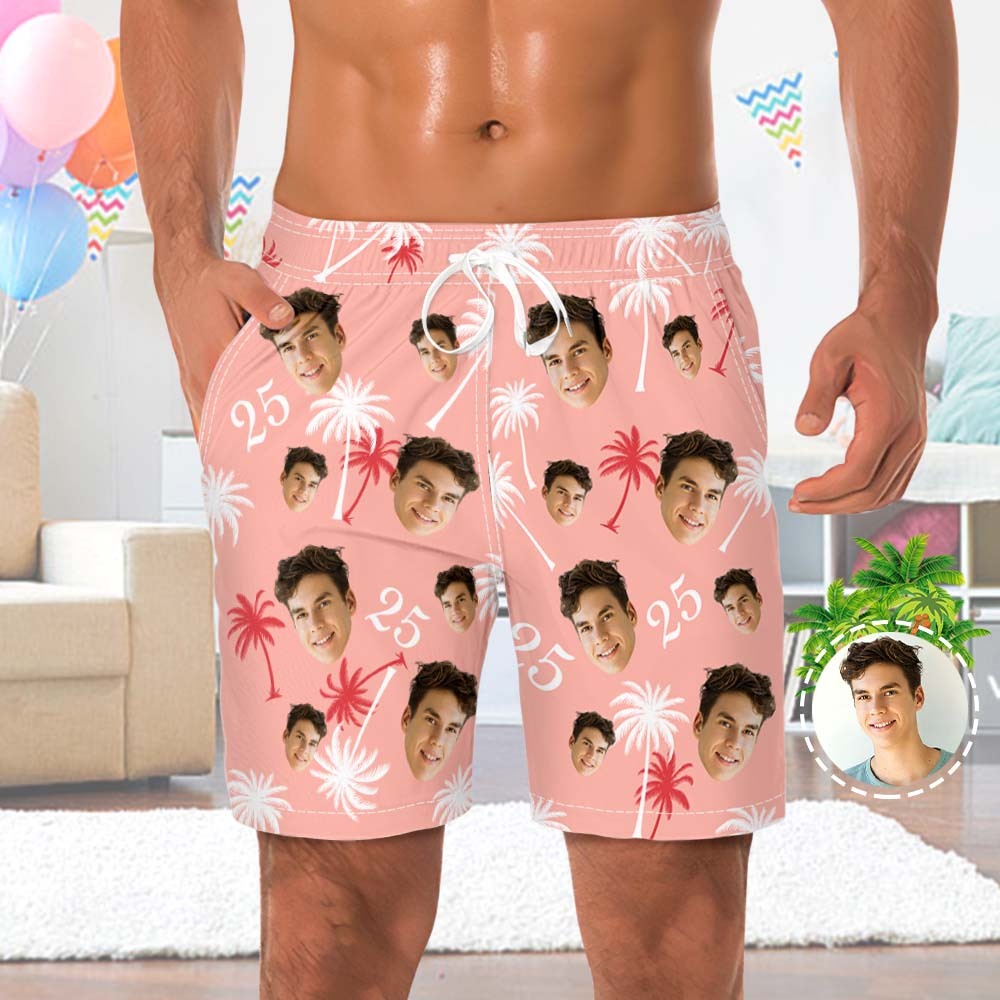 Strandshorts Mit Individuellem Gesicht Und Zahlen Zum Geburtstag, Rote Und Weiße Kokosnussbaum-strandhose - DePhotoBoxer