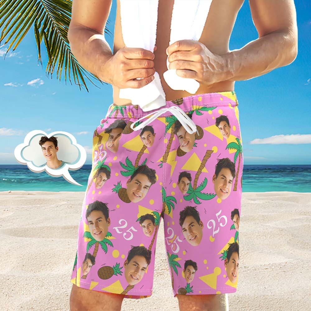Strandshorts Mit Individuellem Gesicht Und Zahlen, Mehrfarbige Strandshorts Mit Kokosnuss Und Ananas - DePhotoBoxer