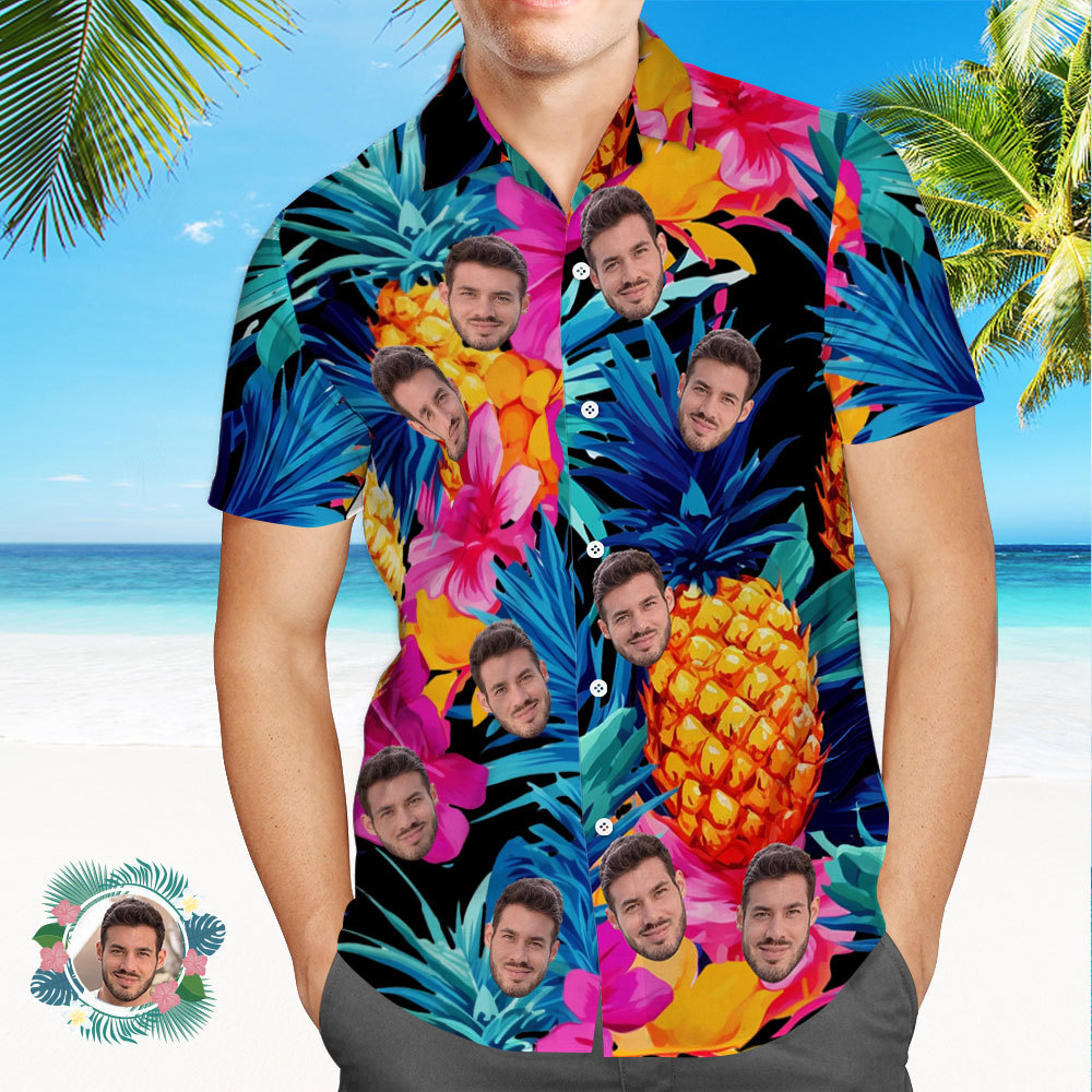 Hawaii-hemd Mit Individuellem Gesicht, All-over-print, Flippiges, Personalisiertes Shirt – Aufdruck Blätter, Blumen, Ananas - DePhotoBoxer