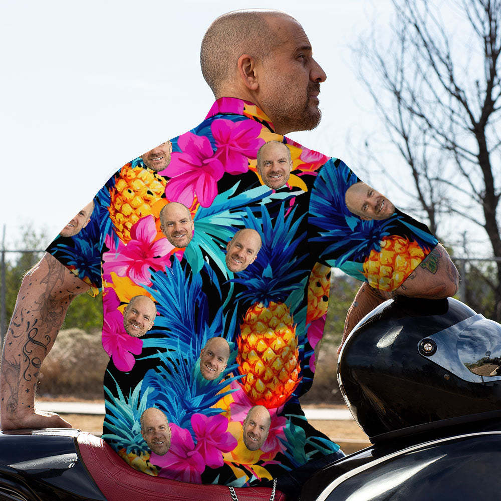 Hawaii-hemd Mit Individuellem Gesicht, All-over-print, Flippiges, Personalisiertes Shirt – Aufdruck Blätter, Blumen, Ananas - DePhotoBoxer
