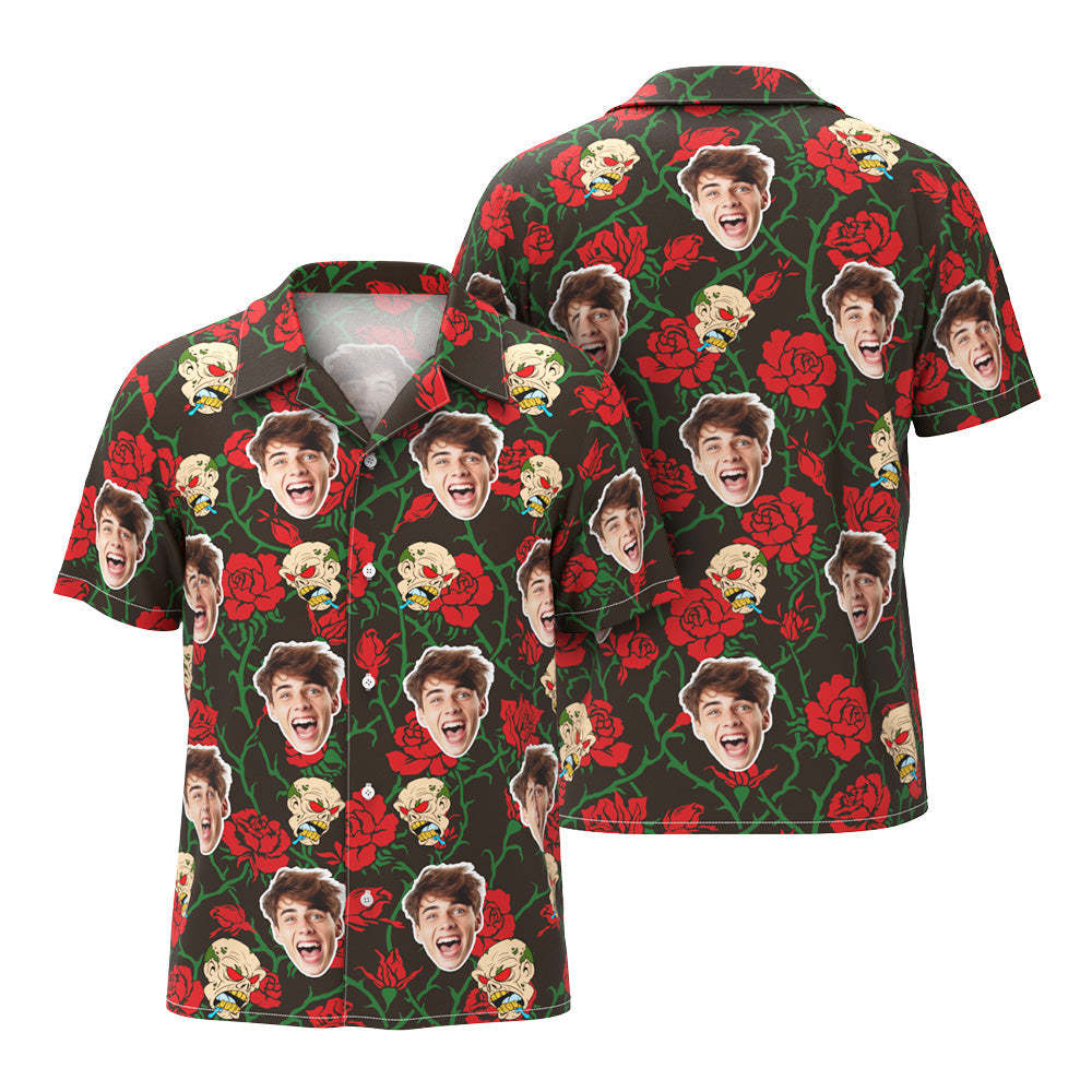 Benutzerdefiniertes Lustiges Gesichts-hawaii-shirt, Halloween-foto-shirt, Rose Und Grimasse, Halloween-drama-geschenk - DePhotoBoxer