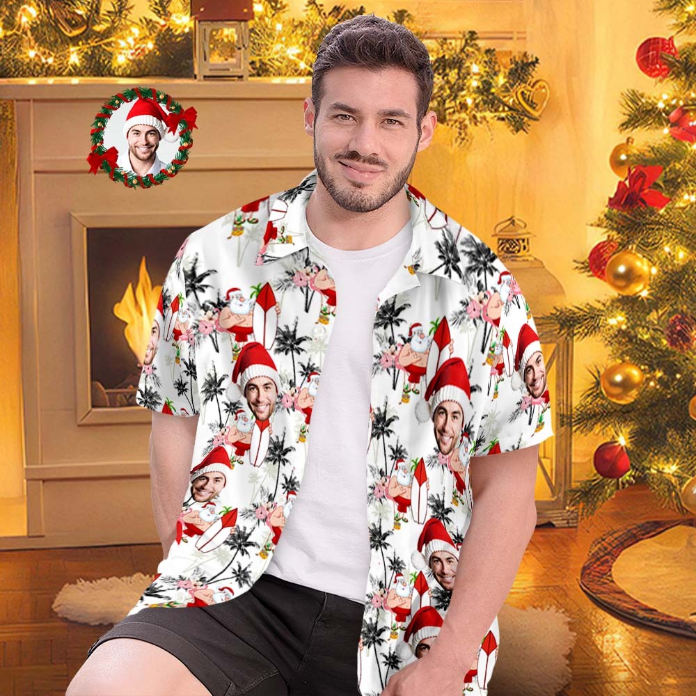Benutzerdefinierte Gesichts-hawaii-hemden, Personalisiertes Foto-geschenk, Herren-weihnachtshemden, Urlaub Mit Weihnachtsmann Und Flamingos - DePhotoBoxer
