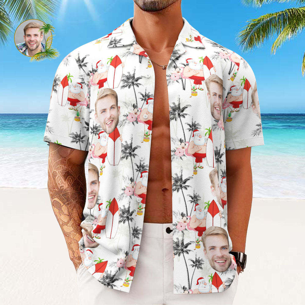 Benutzerdefinierte Gesichts-hawaii-hemden, Personalisiertes Foto-geschenk, Herren-weihnachtshemden, Urlaub Mit Weihnachtsmann Und Flamingos - DePhotoBoxer