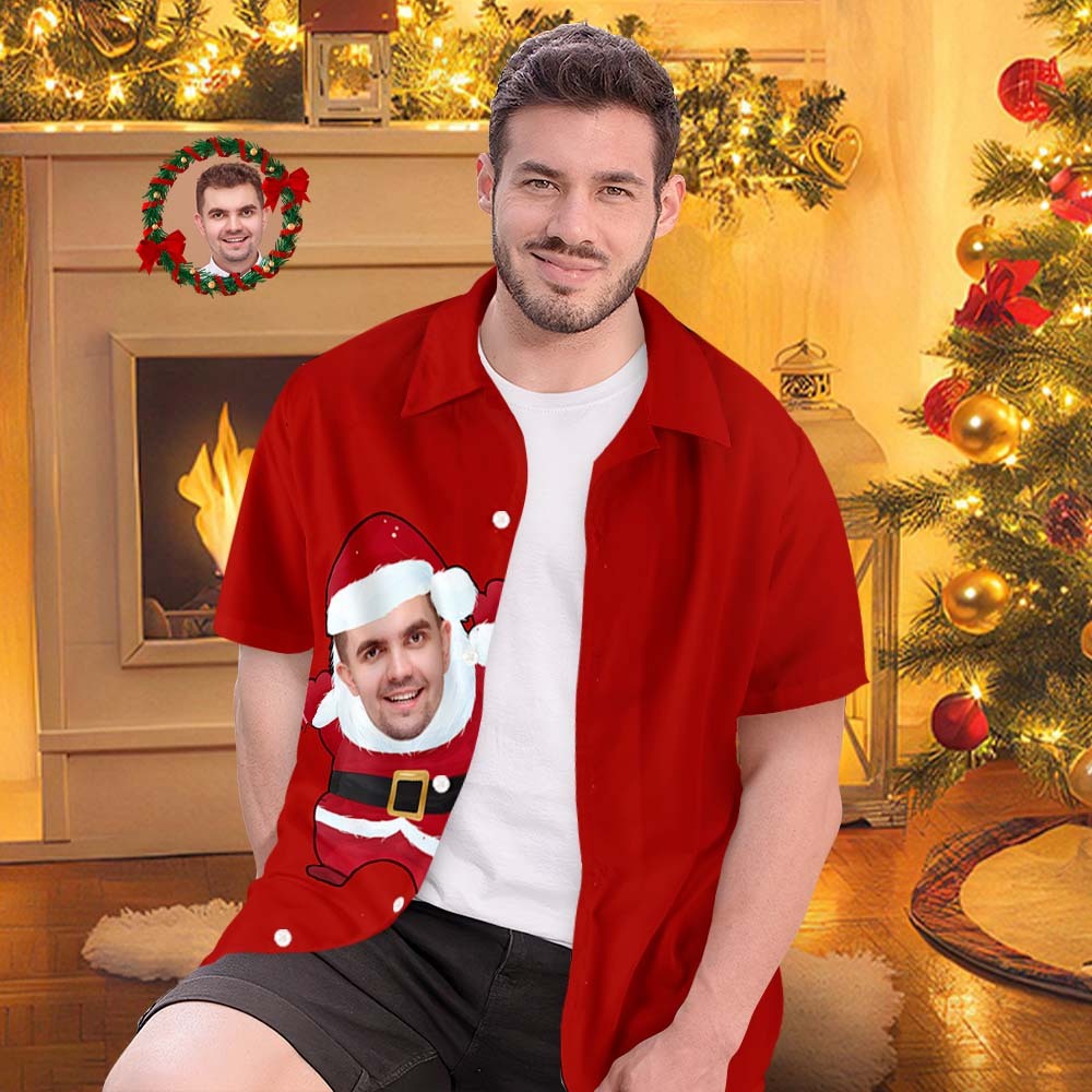 Benutzerdefiniertes Gesicht Hawaii-hemden, Personalisiertes Foto-geschenk, Herren-weihnachtshemden, Weihnachtsmann-rothemd - DePhotoBoxer