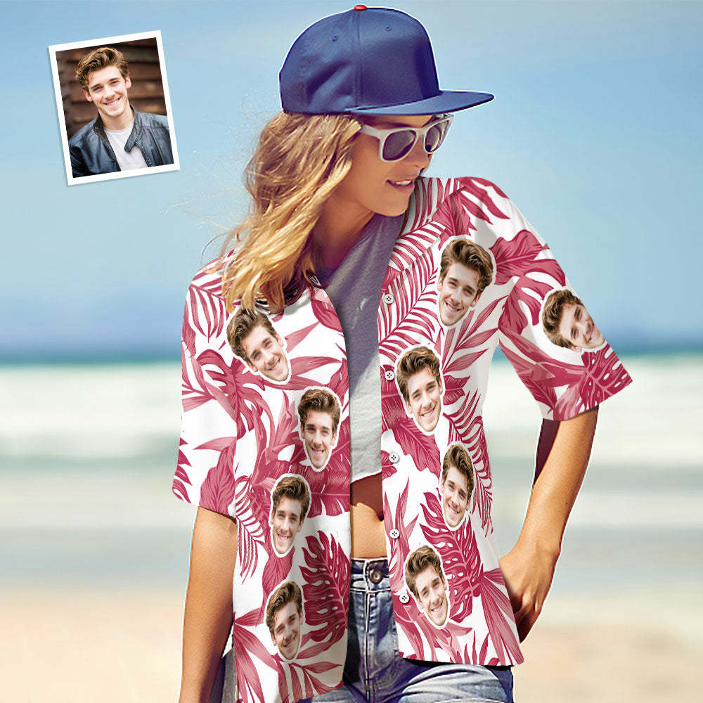 Hawaiihemd Mit Individuellem Gesicht, Rotes Tropisches Hibiskus-hawaiihemd, Geschenk Für Paare - DePhotoBoxer
