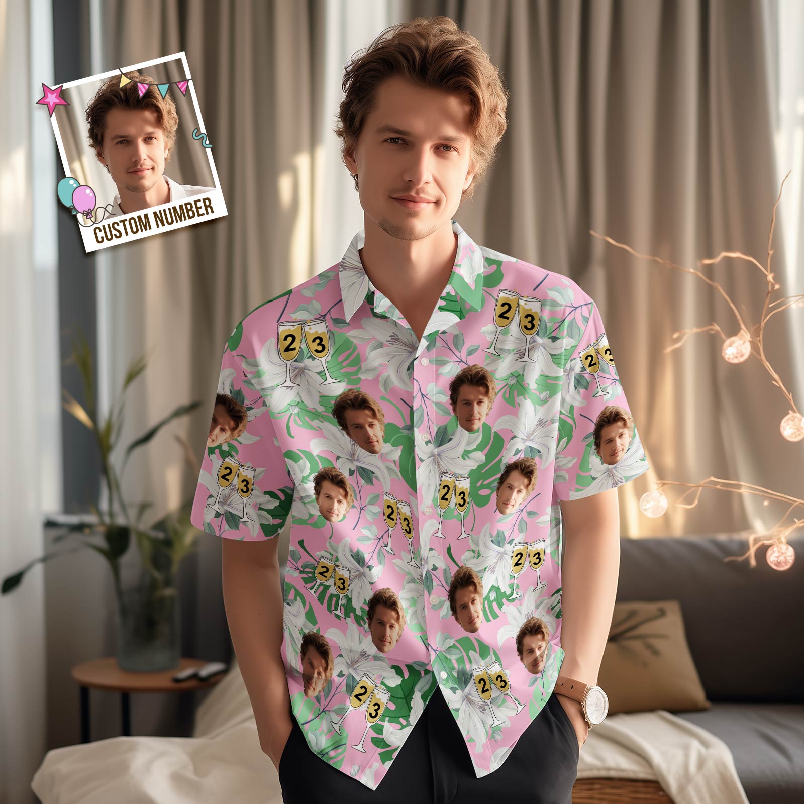 Benutzerdefinierte Gesichts-hawaii-shirt-nummer Im Weinglas, Rosa Und Grüne Ärmel, Gesicht-hawaii-shirt-geschenk Für Ihn