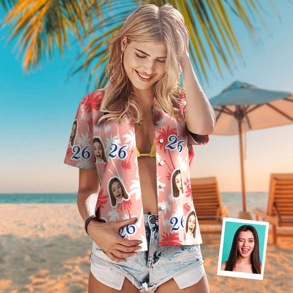 Benutzerdefinierte Gesicht Und Zahl Geburtstag Hawaiian Shirts Rot Und Weiß Kokosnussbaum Shirts Geburtstagsgeschenk Für Frauen - DePhotoBoxer