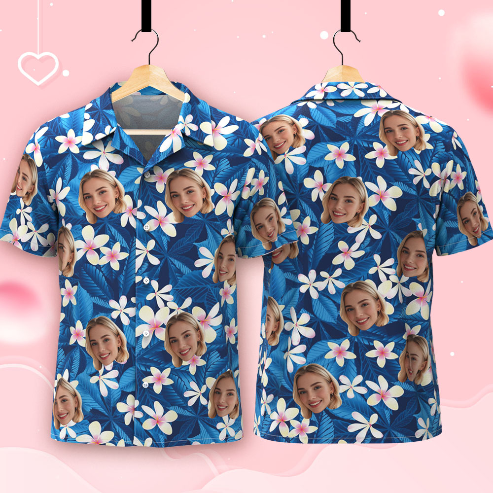 Benutzerdefiniertes Hawaii-hemd Mit Gesicht, Personalisiertes Sommer-hemd Mit Weißen Blumen Und Blauen Blättern, Urlaubsgeschenk