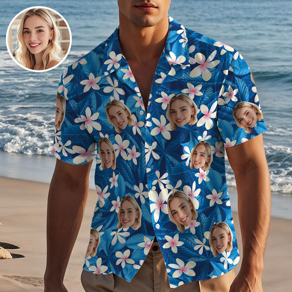 Benutzerdefiniertes Hawaii-hemd Mit Gesicht, Personalisiertes Sommer-hemd Mit Weißen Blumen Und Blauen Blättern, Urlaubsgeschenk - DePhotoBoxer