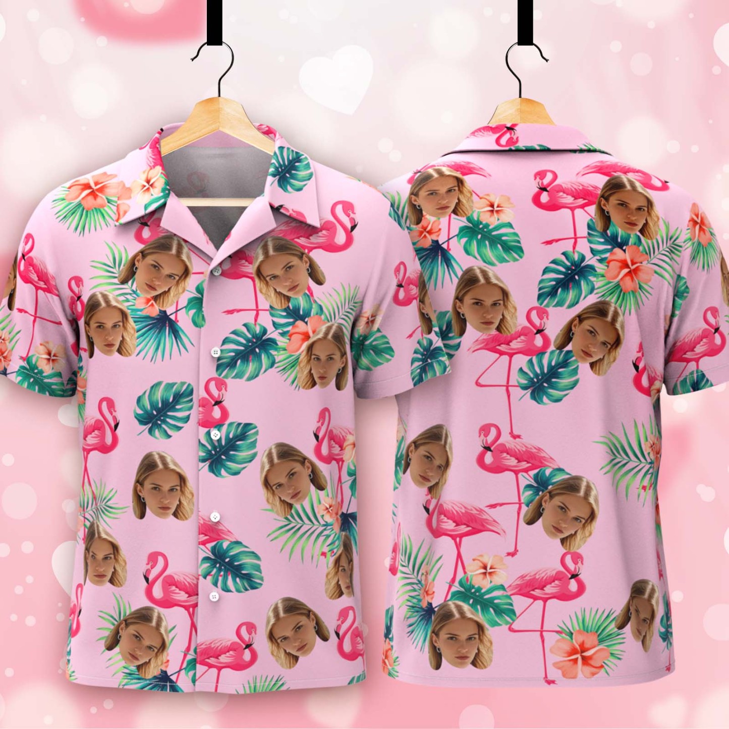 Benutzerdefinierte Gesichts-hawaii-hemden Mit Buntem Flamingo-aloha-strandhemd Mit Gesicht – Rosa - DePhotoBoxer