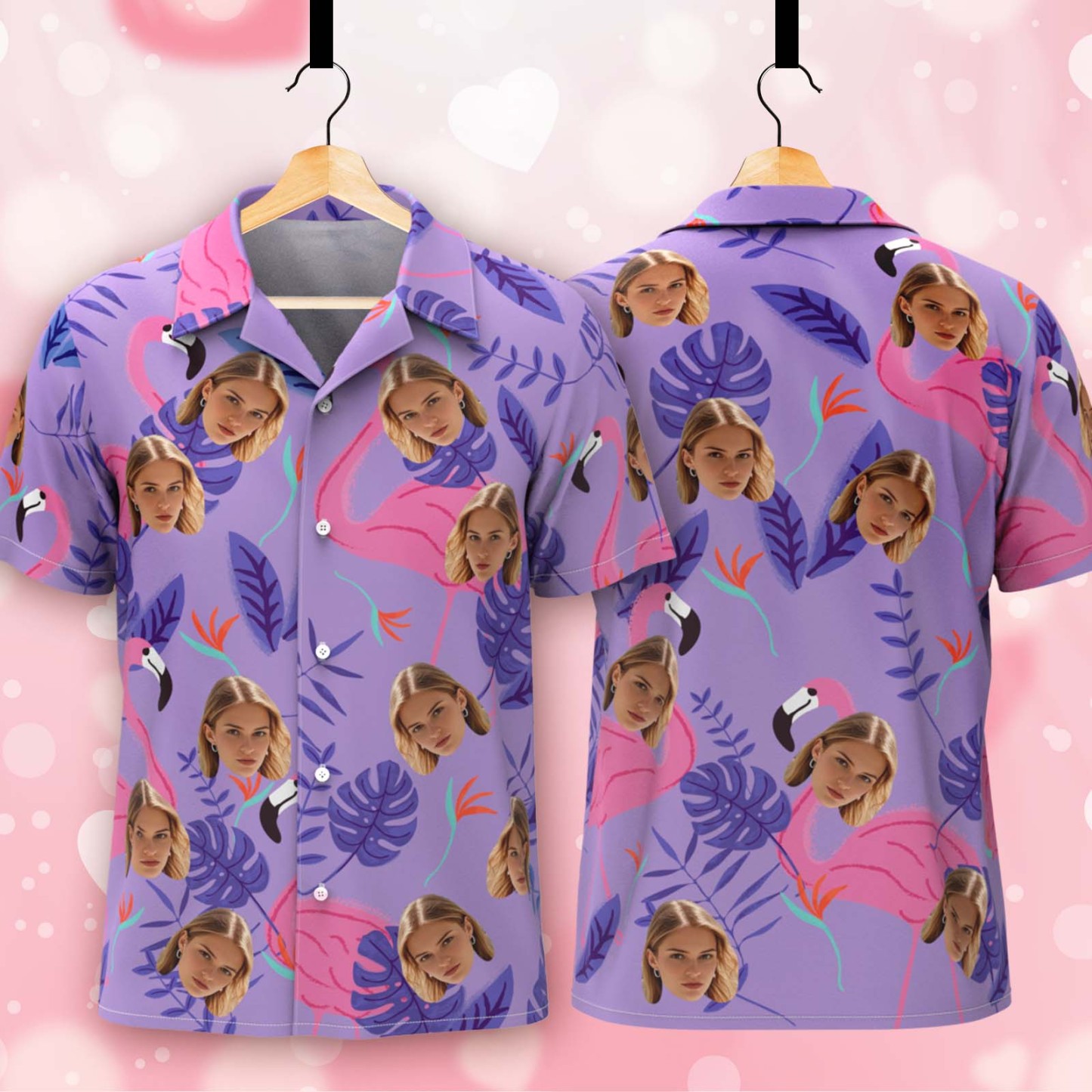 Benutzerdefinierte Hawaii-hemden Mit Gesicht, Buntem Flamingo, Aloha-strandhemd, Tropisches Button-down-hemd Für Herren – Hellviolett - DePhotoBoxer