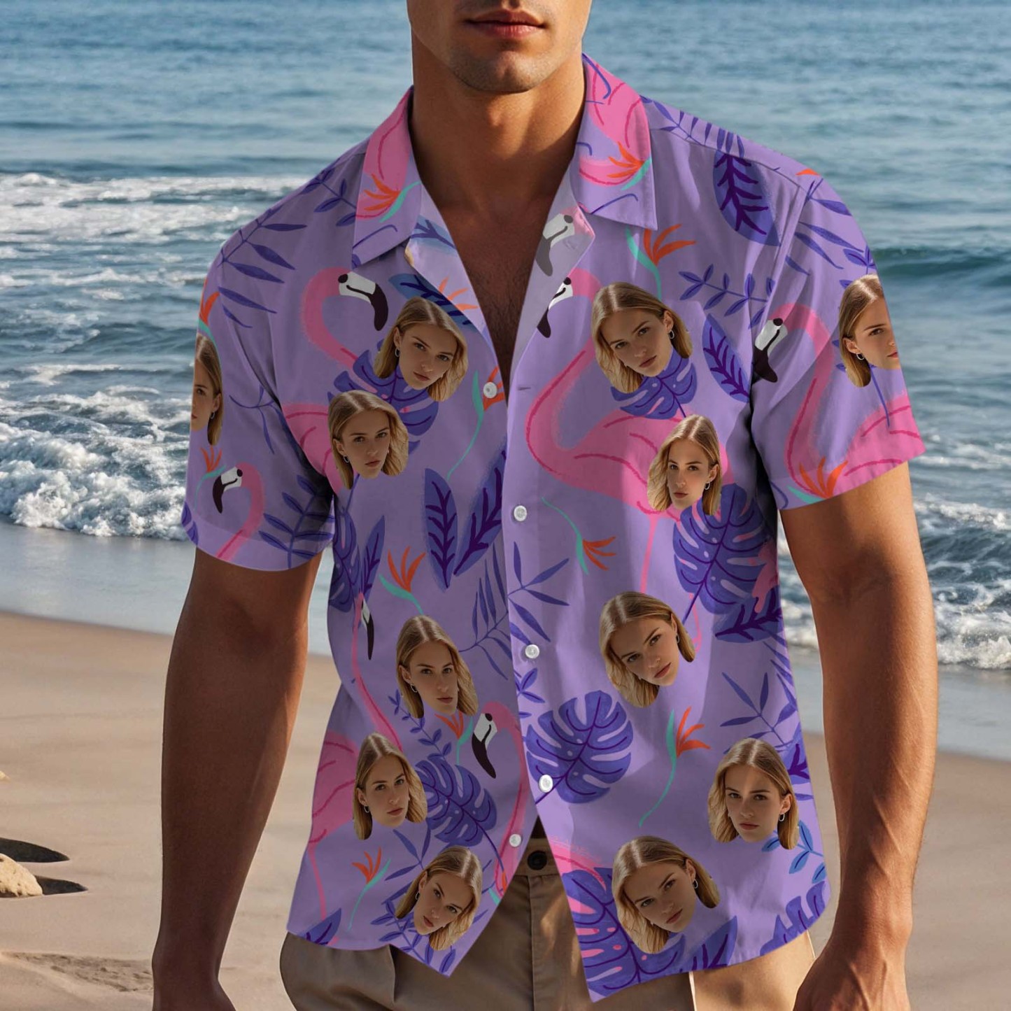 Benutzerdefinierte Hawaii-hemden Mit Gesicht, Buntem Flamingo, Aloha-strandhemd, Tropisches Button-down-hemd Für Herren – Hellviolett - DePhotoBoxer