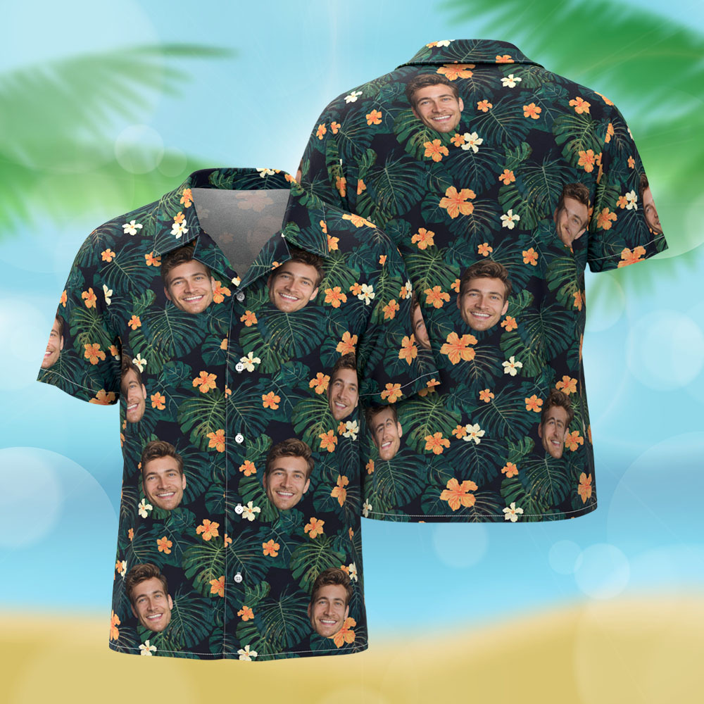 Hawaii-hemden Mit Individuellem Gesicht, Blumen- Und Blattmuster, Perfekt Für Sommerurlaub, Kleidung, Geschenke Für Männer - DePhotoBoxer