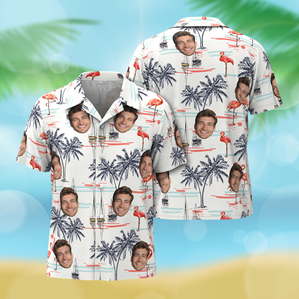 Hawaiihemden mit individuellem Gesicht für Männer, Hemden mit Flamingo- und Strand-Prints, Geschenke für Männer