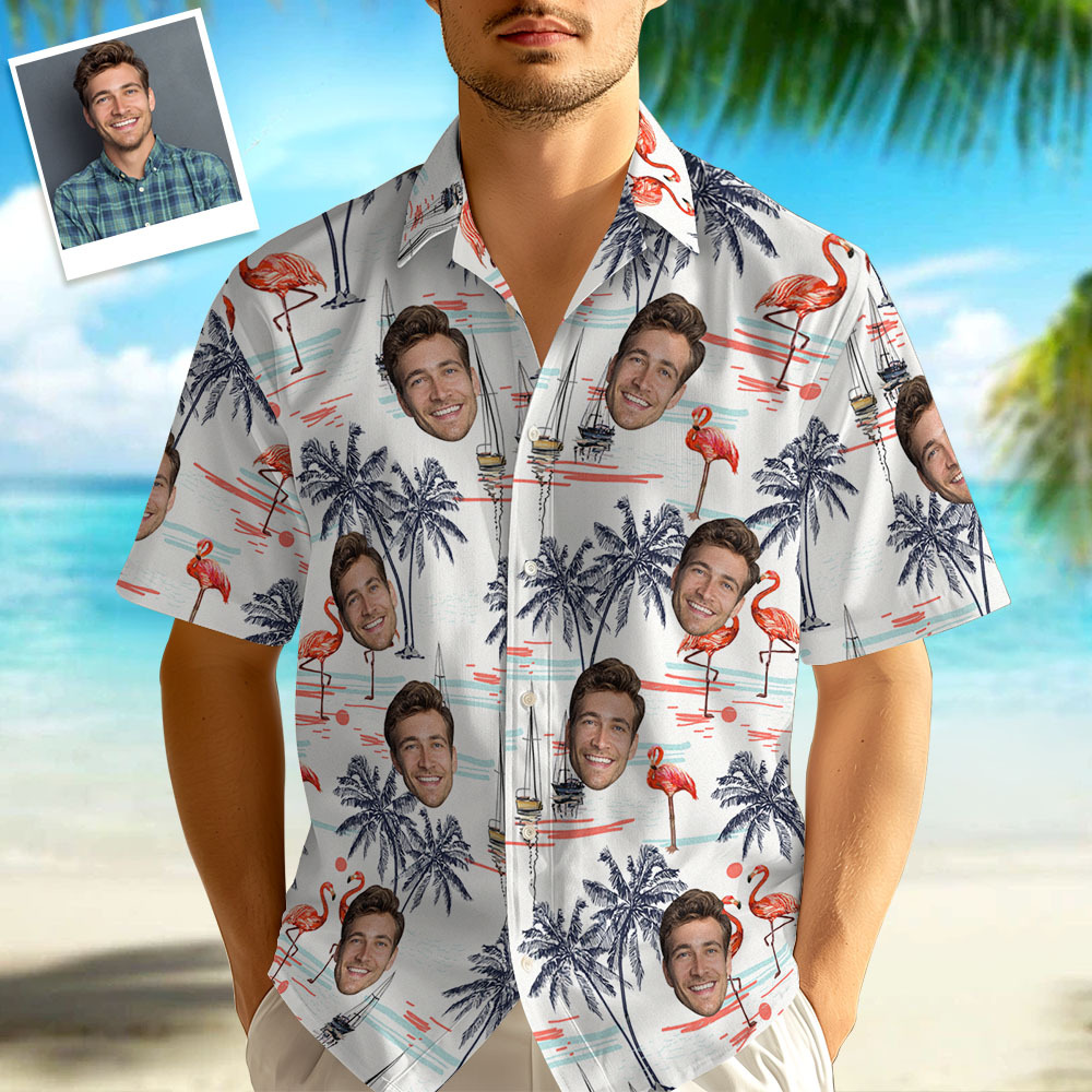 Hawaiihemden mit individuellem Gesicht für Männer, Hemden mit Flamingo- und Strand-Prints, Geschenke für Männer