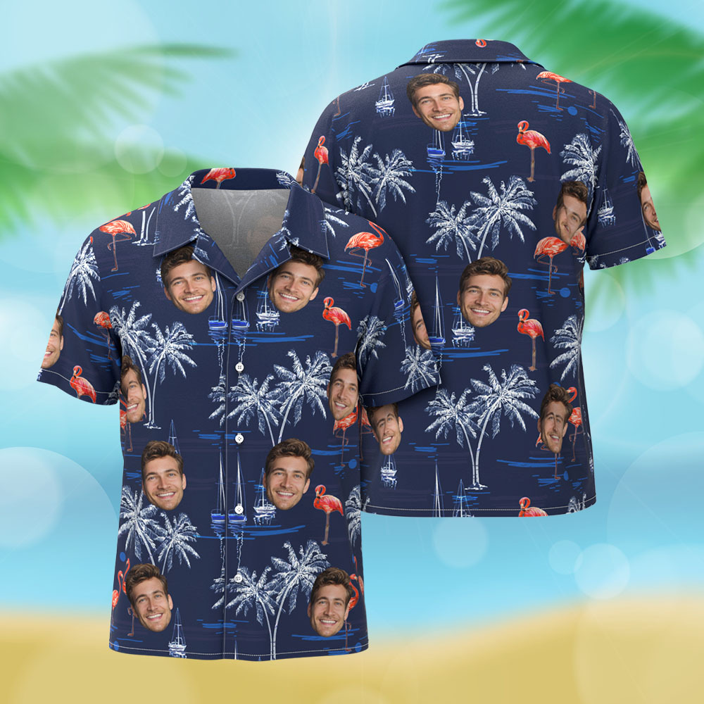 Hawaiihemden mit individuellem Gesicht für Männer, Hemden mit Flamingo- und Strand-Prints, Geschenke für Männer