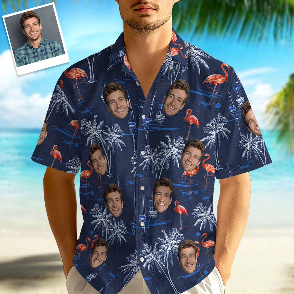 Hawaiihemden mit individuellem Gesicht für Männer, Hemden mit Flamingo- und Strand-Prints, Geschenke für Männer