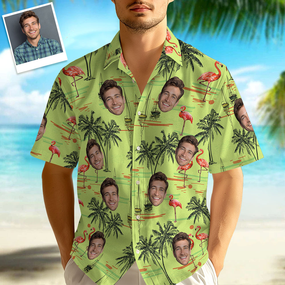 Hawaiihemden mit individuellem Gesicht für Männer, Hemden mit Flamingo- und Strand-Prints, Geschenke für Männer