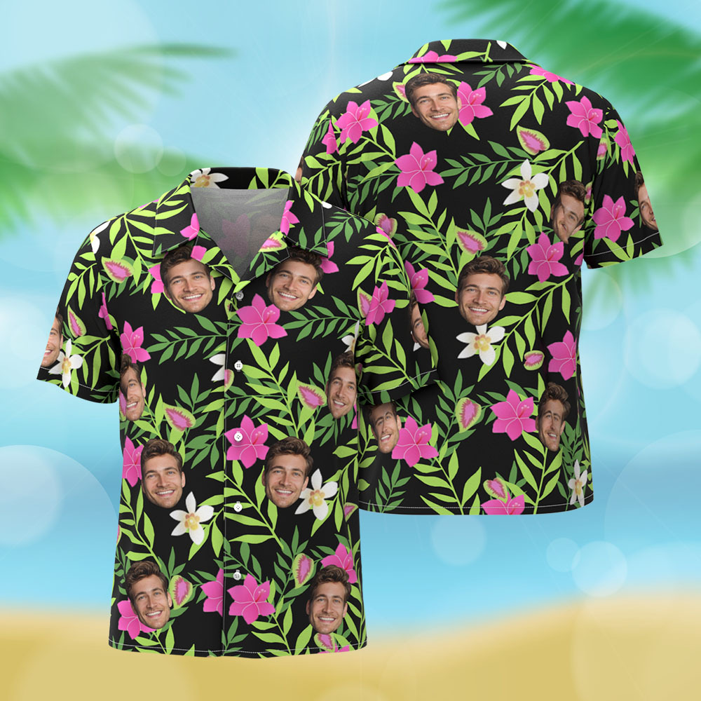 Hawaiihemden für Herren mit individuellem Gesicht und Blumen- und Blattaufdruck, Kurzarmhemden für den Sommer, Geschenke für Männer