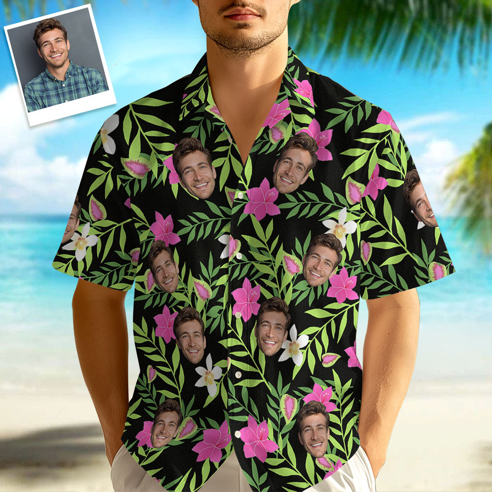 Hawaiihemden für Herren mit individuellem Gesicht und Blumen- und Blattaufdruck, Kurzarmhemden für den Sommer, Geschenke für Männer