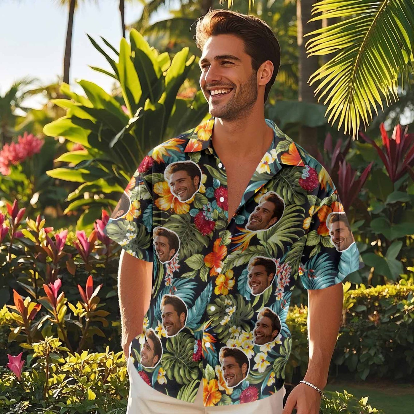 Herren Custom Hawaiihemd Kurzarm Tropische Blätter und Blumen Helle Farben