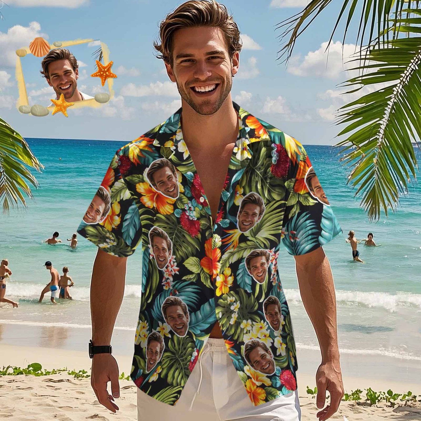 Herren Custom Hawaiihemd Kurzarm Tropische Blätter und Blumen Helle Farben