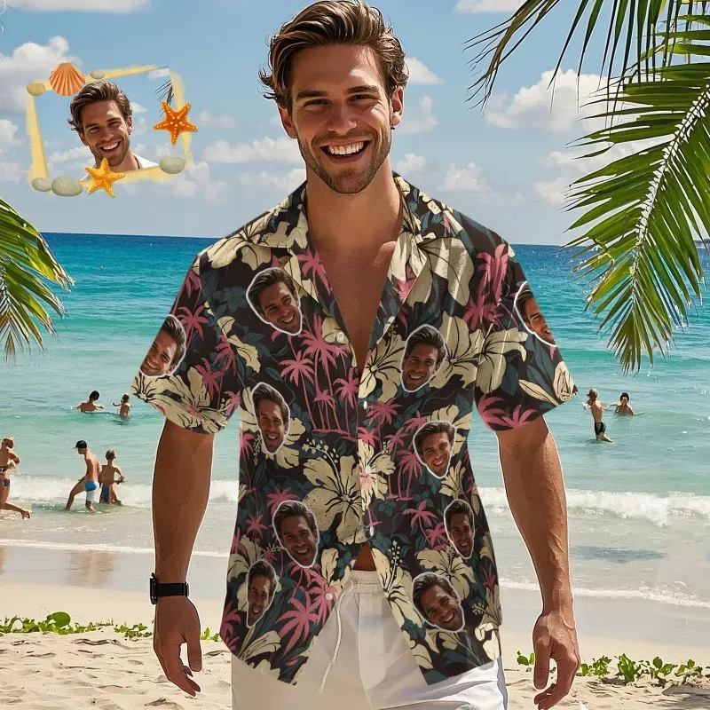 Herren Custom Face Shirt Hawaiihemd Kurzarm Personalisiertes All Over Print Shirt Geschenk für Ihn