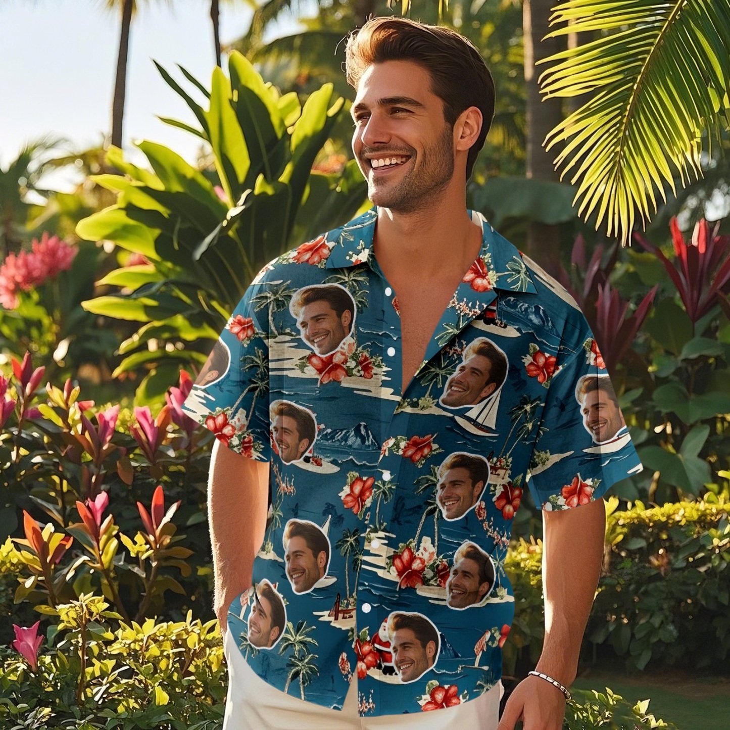 Hawaiihemden für Herren mit Blumen Segelbooten Kokospalmen und Hawaii-Stil
